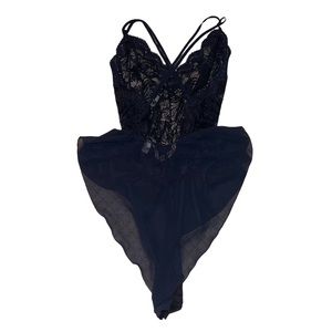 Victoria’s Secret black lace ruffle bottom halter criss cross bodysuit